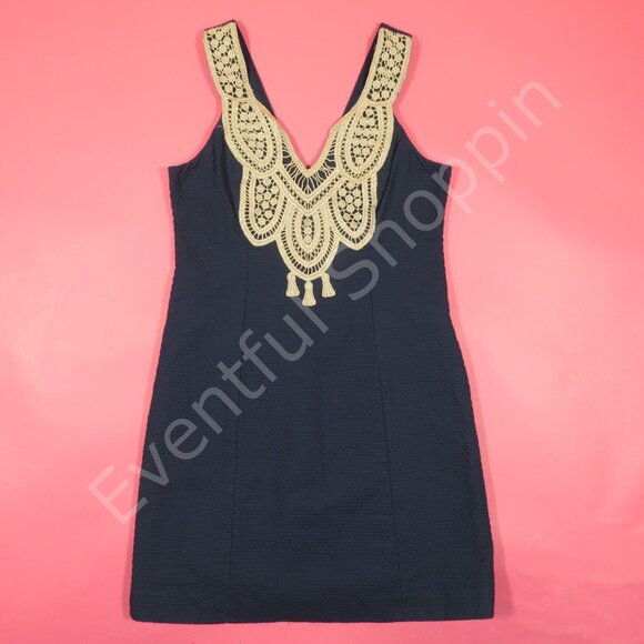Lilly Pulitzer Dress Womens 0 Blue Shift Largo Gold Trim Sleeveless V Neck - Picture 2 of 7